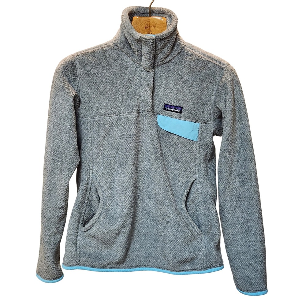 Patagonia Fleece Snap-T Pullover Gray Blue Trim Women's Small Hiking Mountain